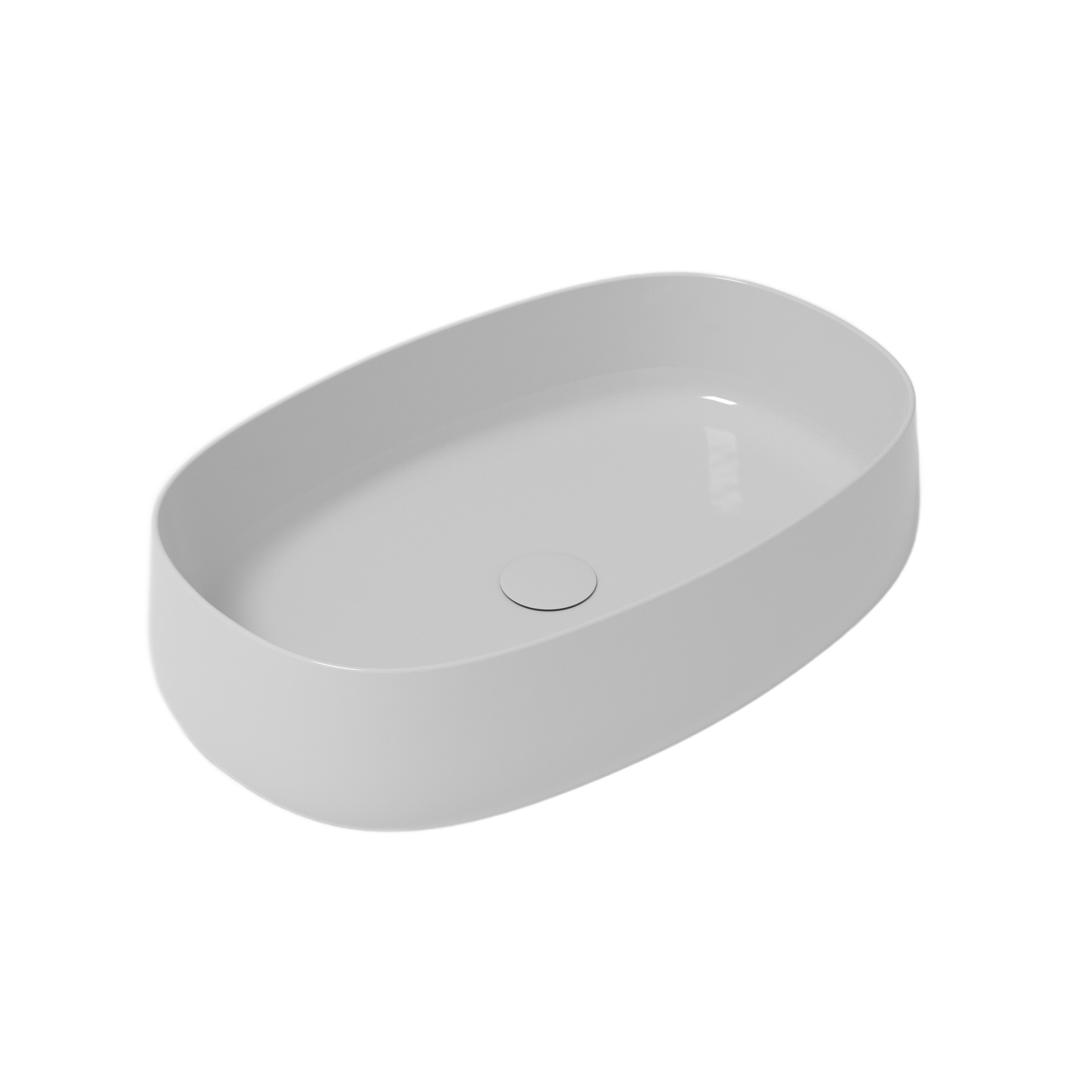 Lavandino da bagno ovale in ceramica bianca, rialzato rispetto a una superficie bianca.