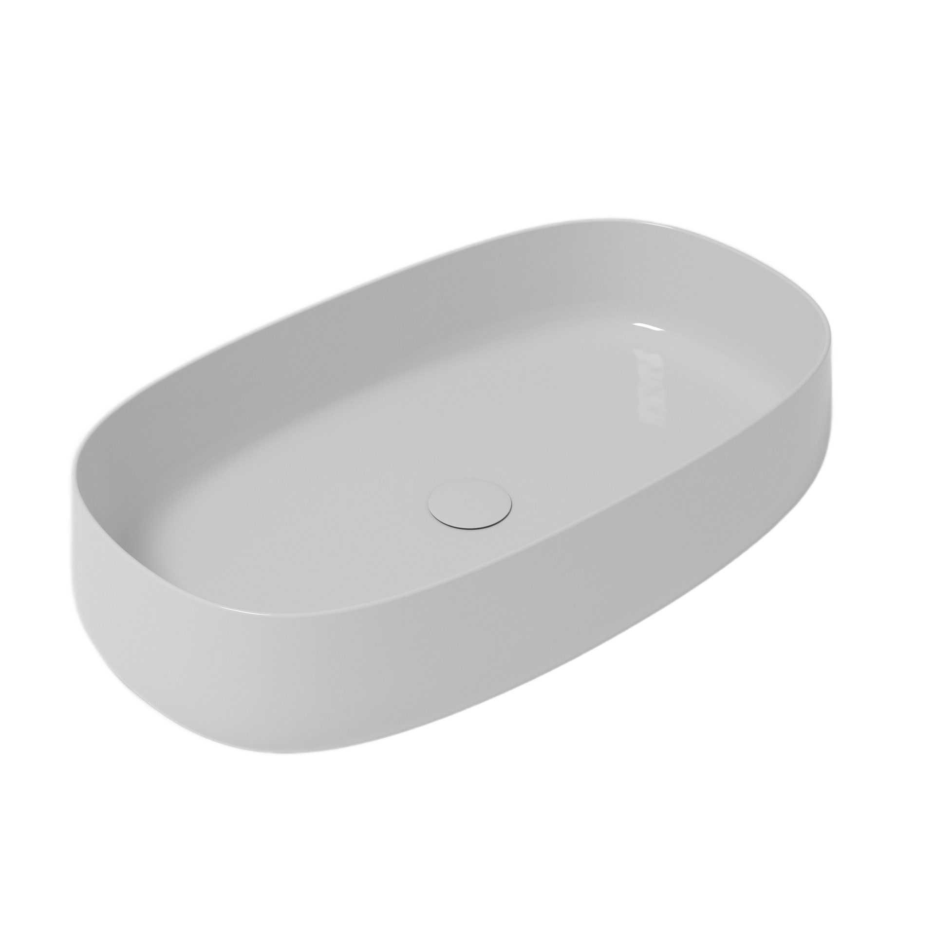 Lavandino da bagno ovale in ceramica bianca su sfondo bianco.