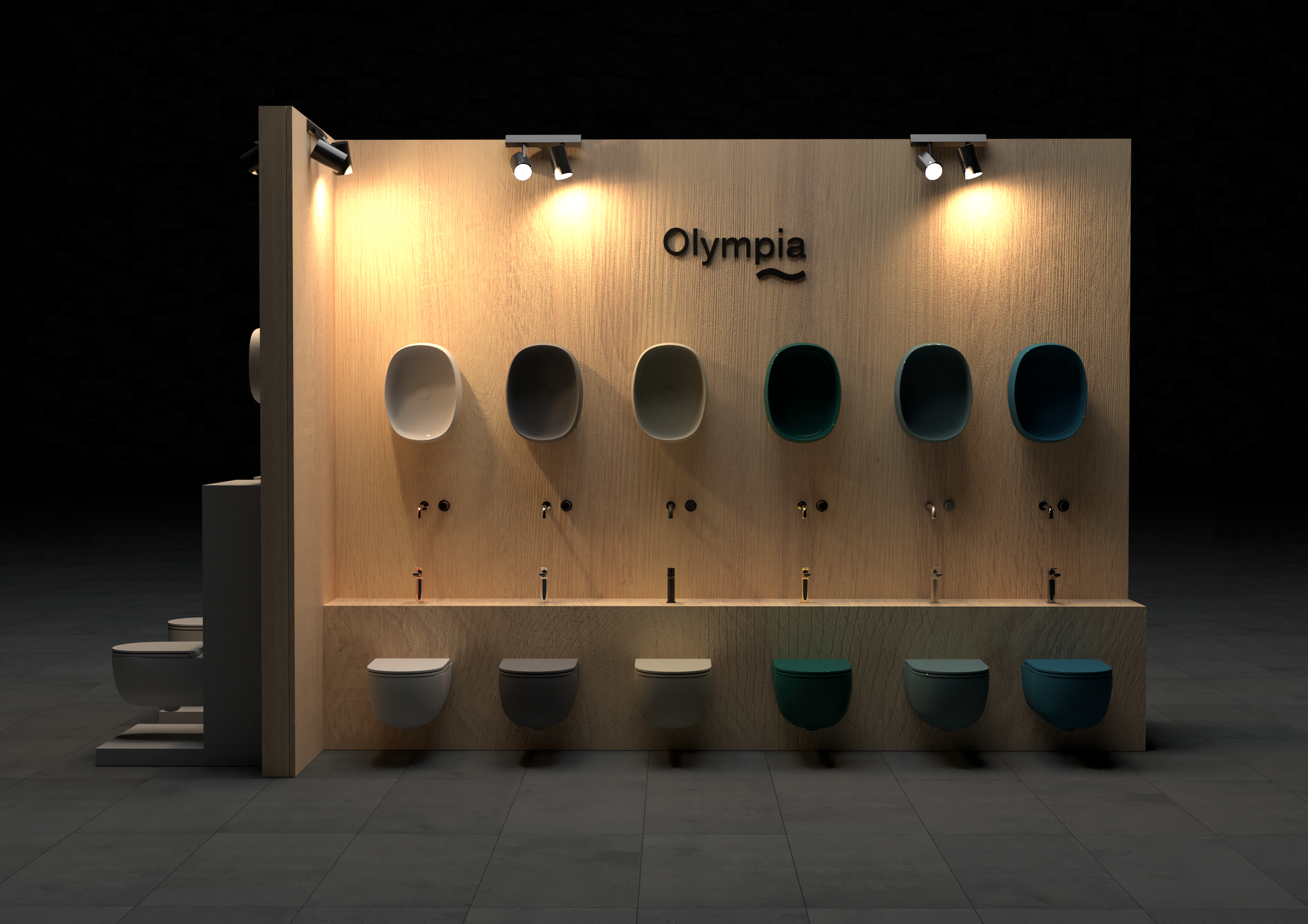Una composizione in showroom con sei lavabi del marchio Olympia e relativi sanitari sospesi, in vari colori.