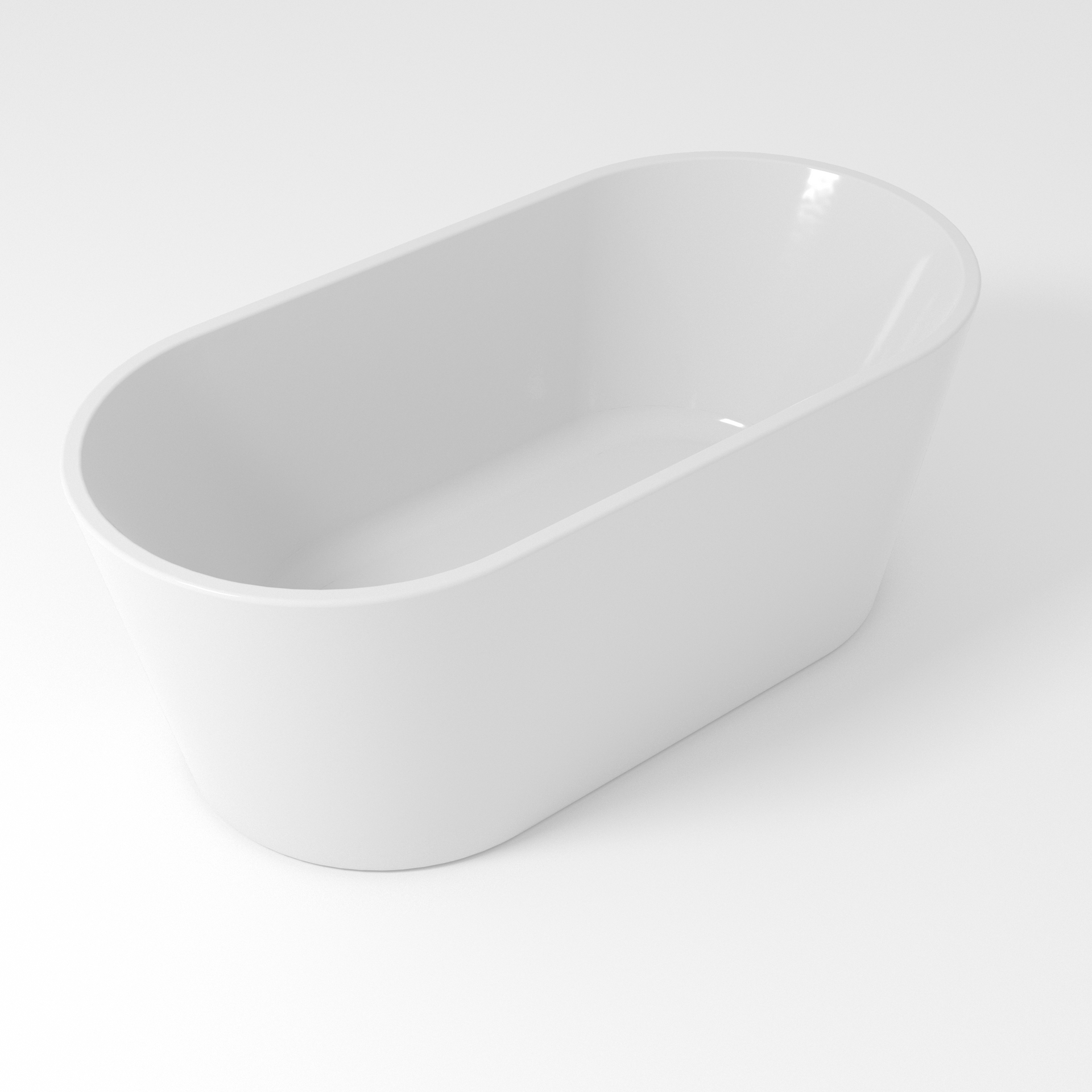 Vasca da bagno bianca, di forma ovale, su una superficie bianca semplice.
