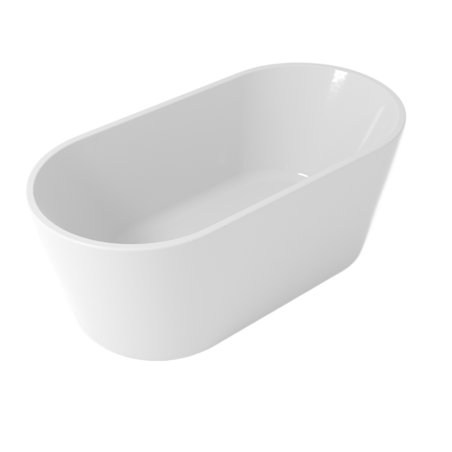 Vasca da bagno bianca, di forma ovale, su una superficie bianca semplice.