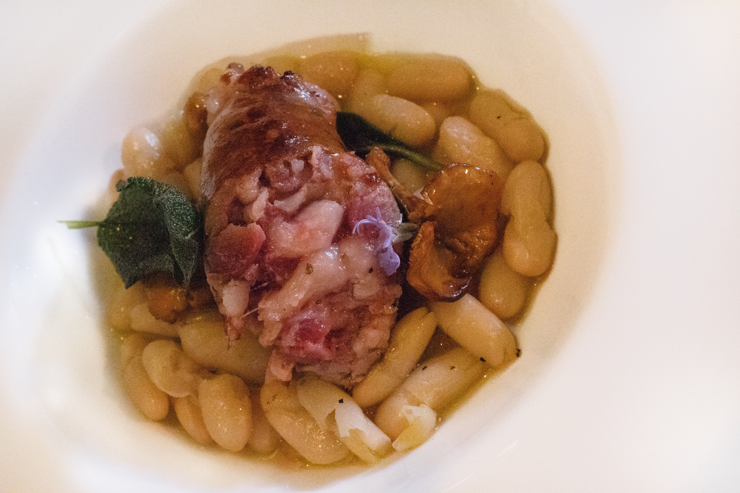Ciotola bianca di fagioli bianchi con sopra un pezzo di carne arrosto ed erbe aromatiche.