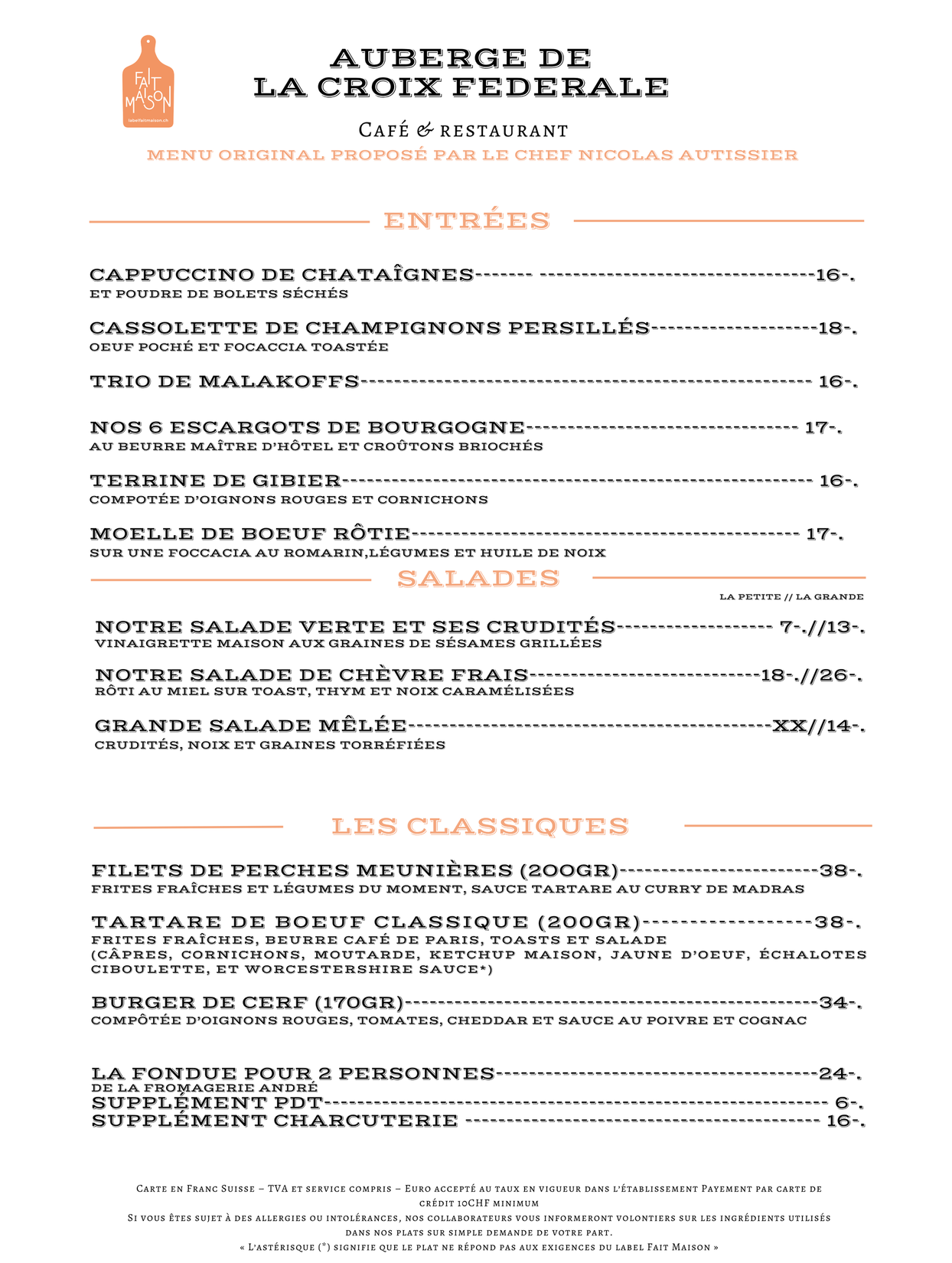 Carte de restaurant français avec sections entrées, salades et plats classiques, en caractères noirs sur fond blanc