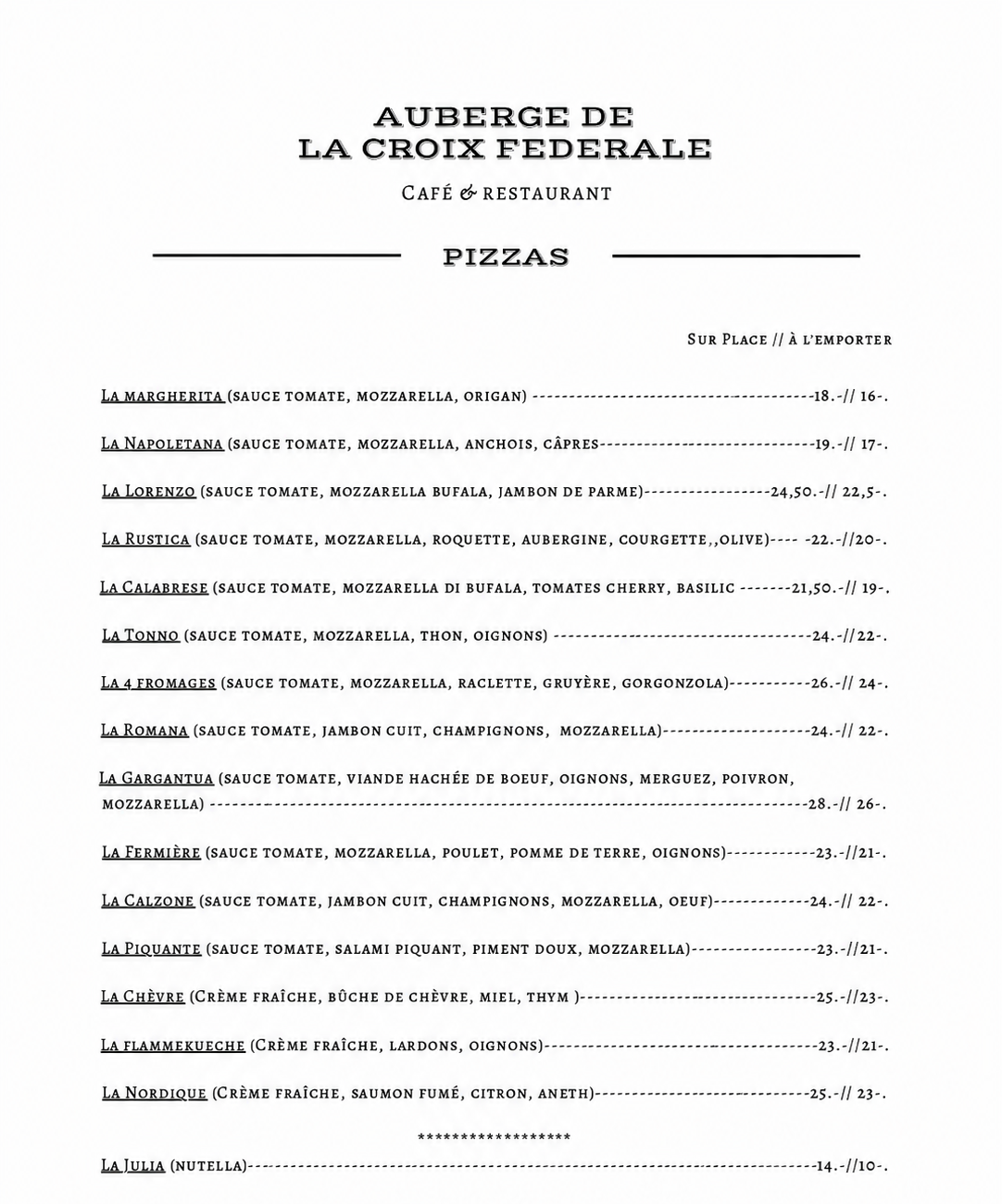 Page du menu de l'Auberge de la Corderie : liste des pizzas avec les prix en noir sur fond blanc