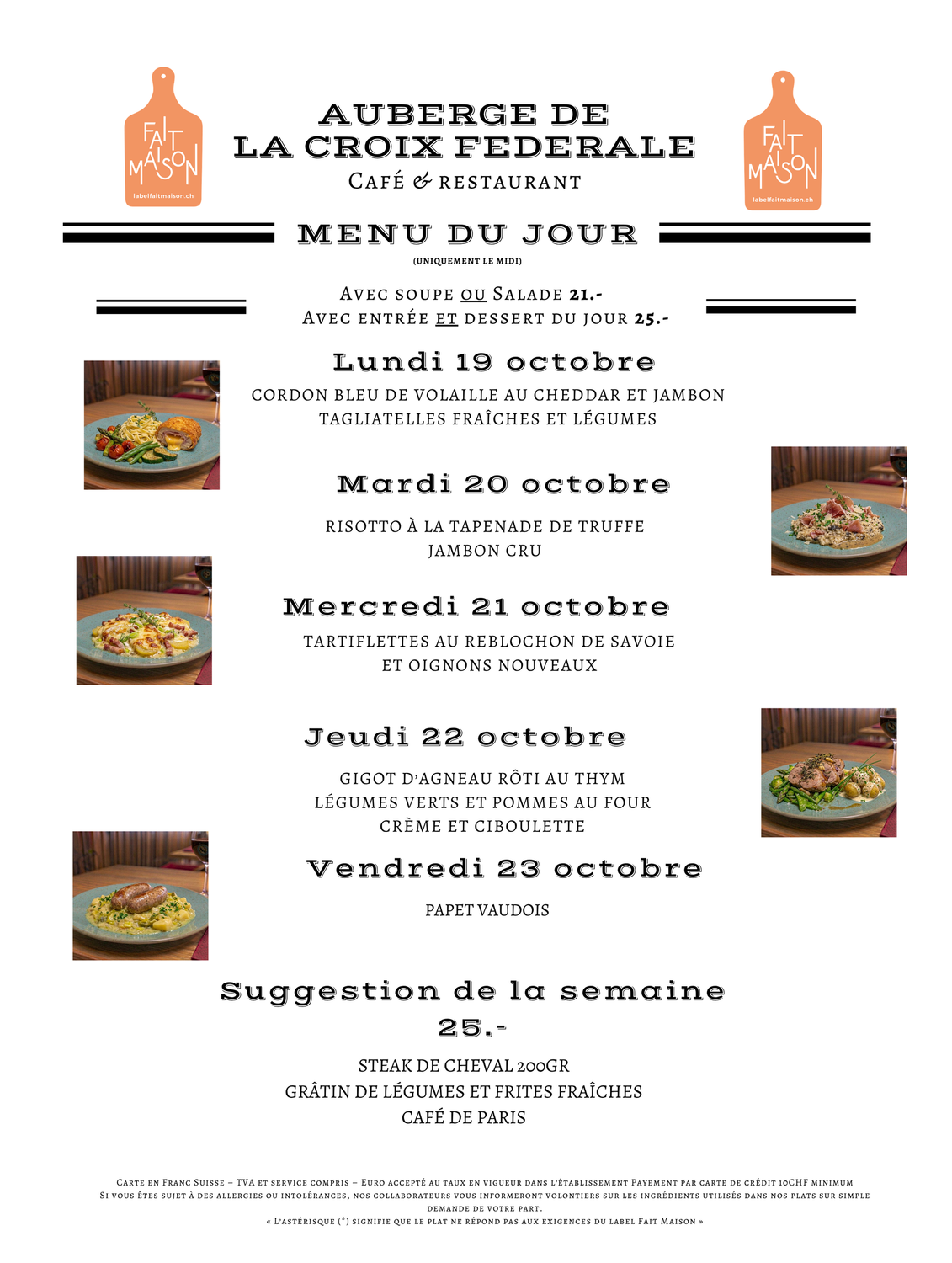 Affiche du menu hebdomadaire d'un restaurant français avec des icônes de bouteilles orange et des photos de petits plats