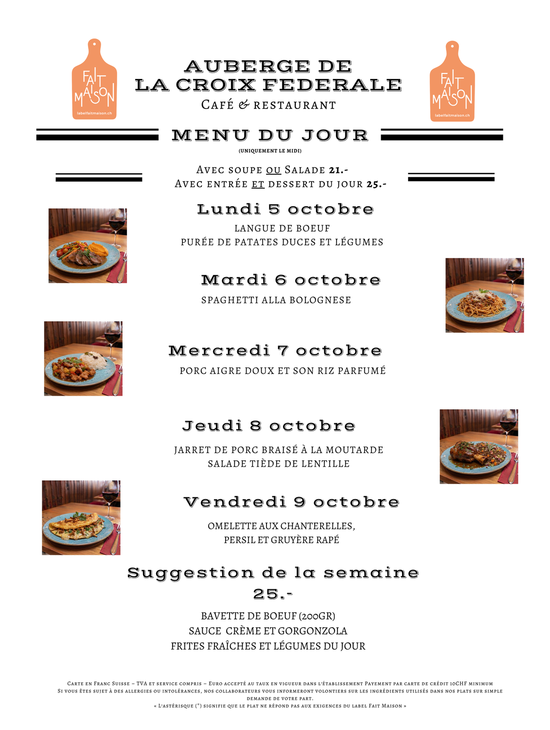 Affiche du menu hebdomadaire d'un restaurant français avec des icônes de bouteilles orange et des photos de petits plats