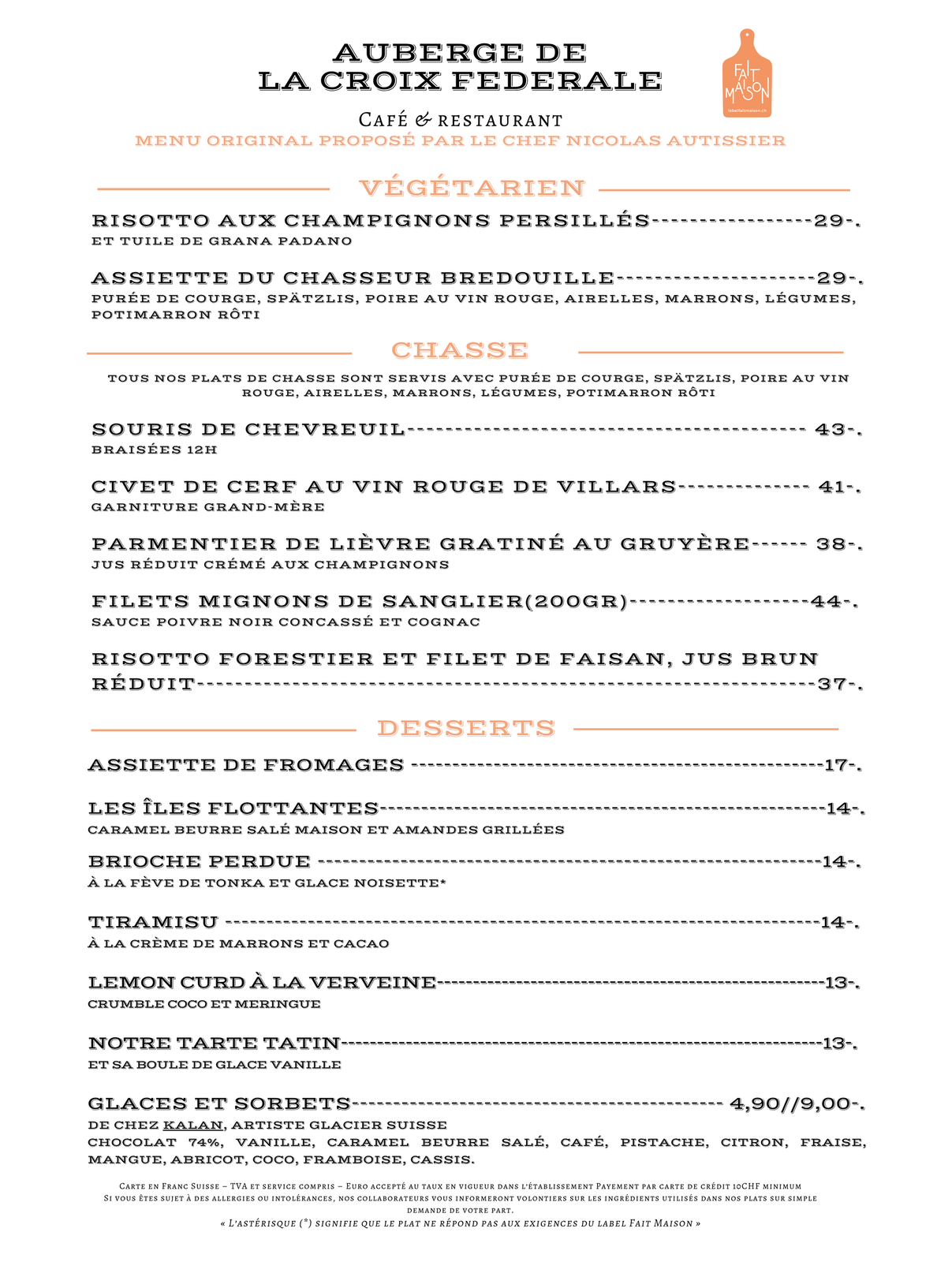 Carte de restaurant français avec fond beige, titres de section orange et liste des plats en noir avec les prix.