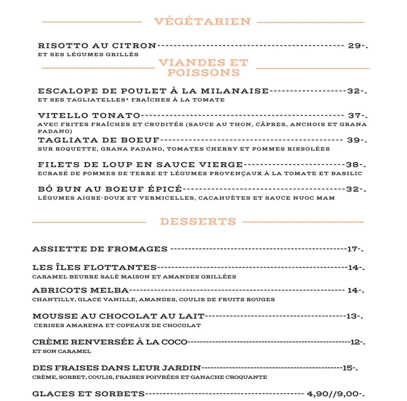 Carte de restaurant français avec fond beige, titres de section orange et liste des plats en noir avec les prix.