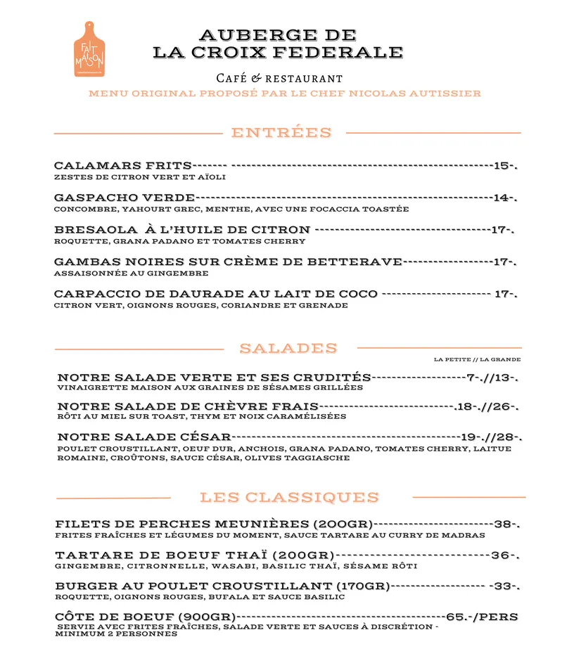 Carte de restaurant français avec sections entrées, salades et plats classiques, en caractères noirs sur fond blanc