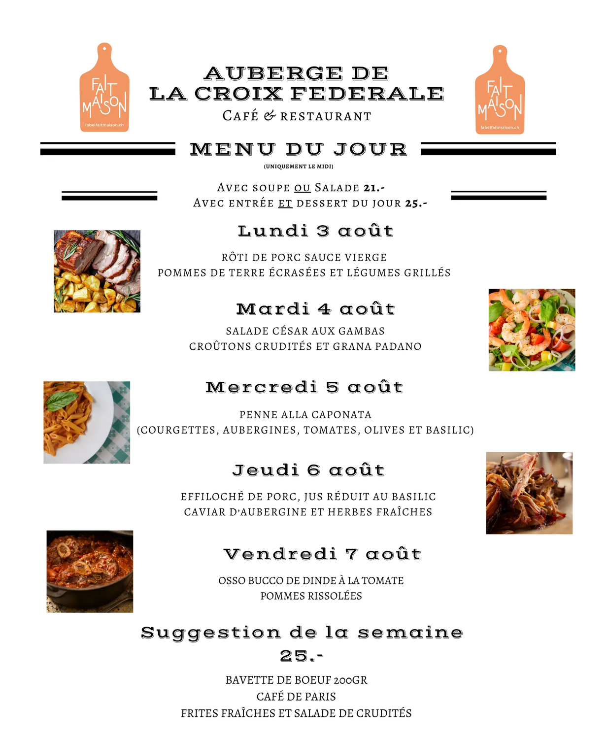 Affiche du menu hebdomadaire d'un restaurant français avec des icônes de bouteilles orange et des photos de petits plats