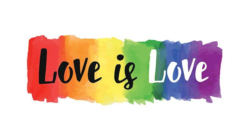 Love is love written with watercolor rainbow background