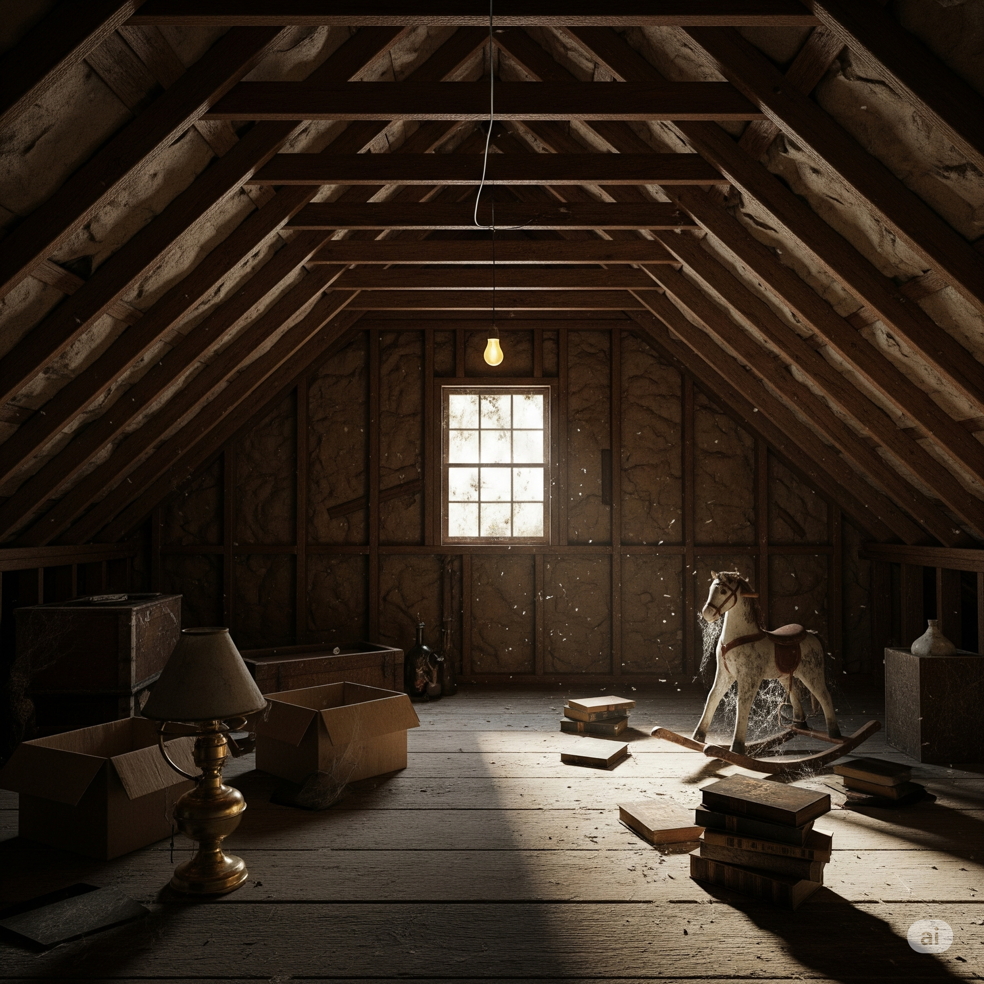 Dusty attic interior with a rocking horse, boxes, and a window.