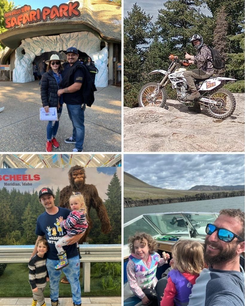 A collage of four pictures of a man and a woman standing next to each other.