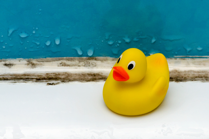 A yellow rubber duck is sitting on the edge of a bathtub.