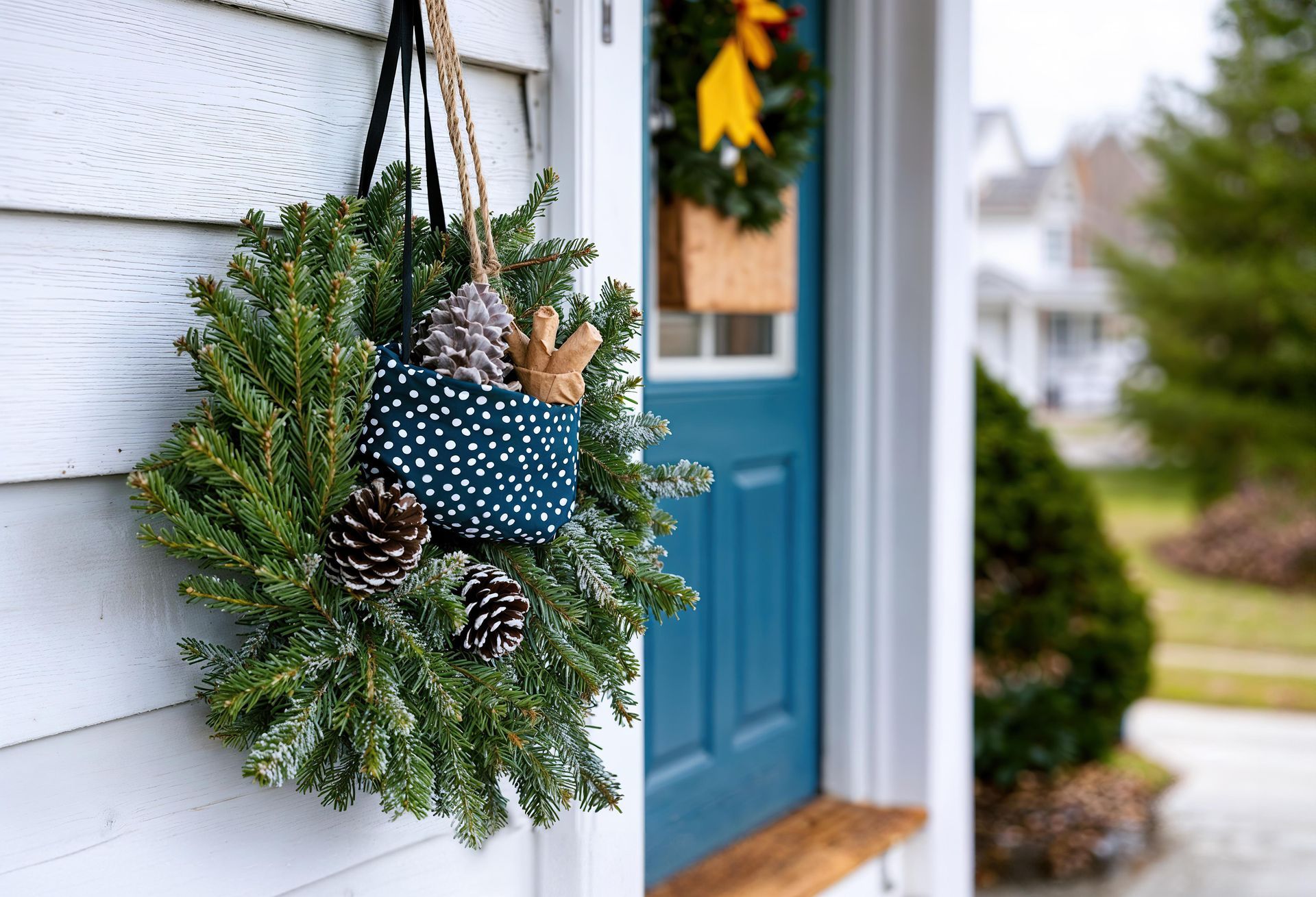 Green wreath with pinecones and a blue pouch hanging on a white house near a blue door.