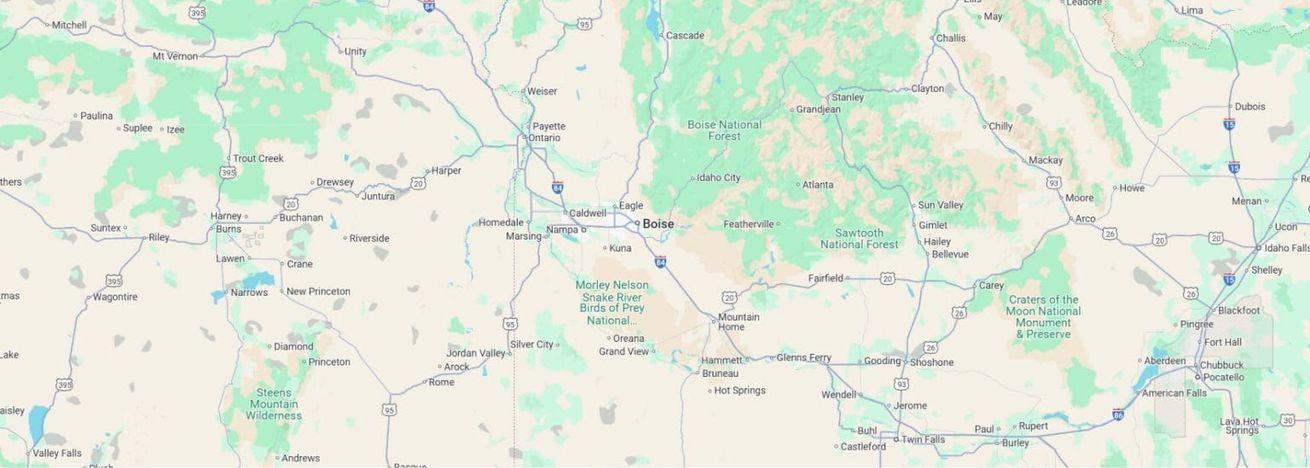 A partial map of Idaho showing highways and mountains.