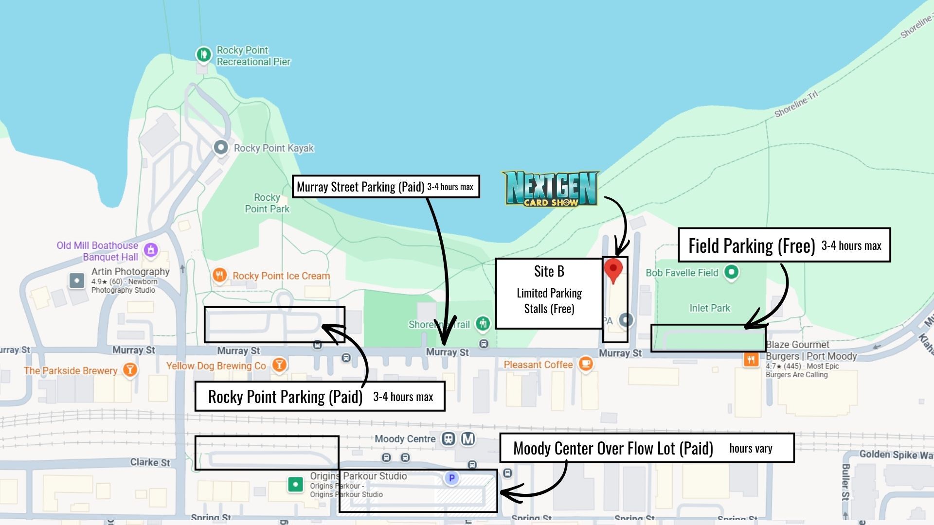Annotated map with arrows marking parking