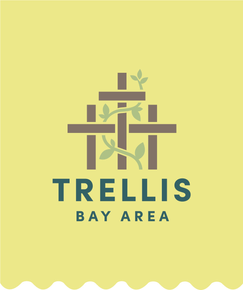 Trellis logo - The words Trellis Bay Area in dark green, with three brown crosses intertwined with vines above it.