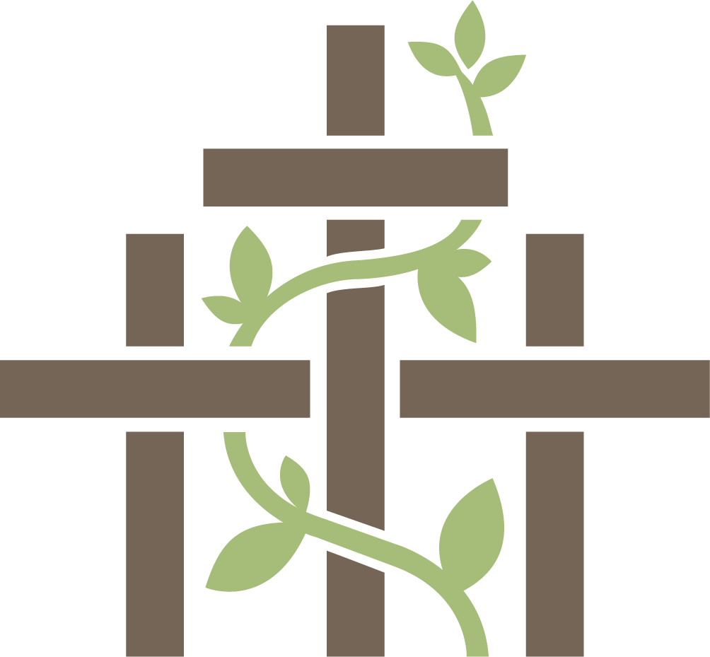 Three brown crosses interwined with light green vines.