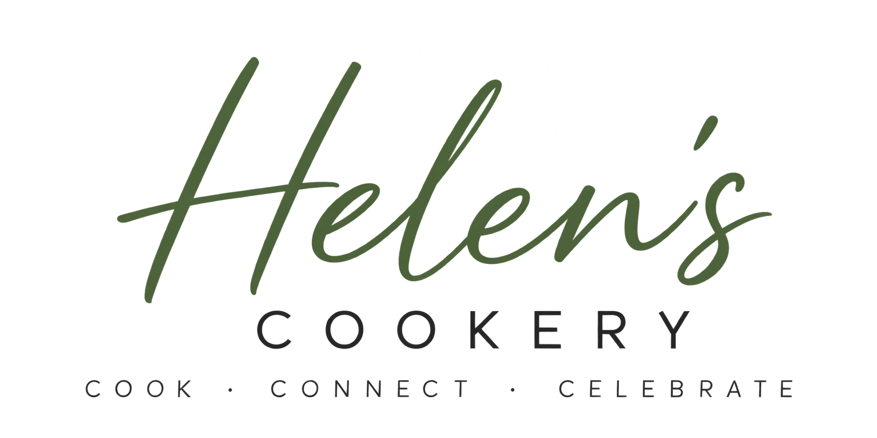 Helen’s Cookery logo in green script and black uppercase text on a white background, with a spoon icon and the tagline “cook, connect, celebrate”