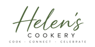 Helen’s Cookery logo in green script and black uppercase text on a white background, with a spoon icon and the tagline “cook, connect, celebrate”