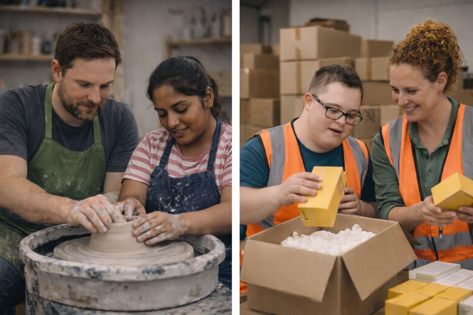Twee foto's: een pottenbakkerswiel met instructeur en inpakwerkzaamheden in een magazijn.