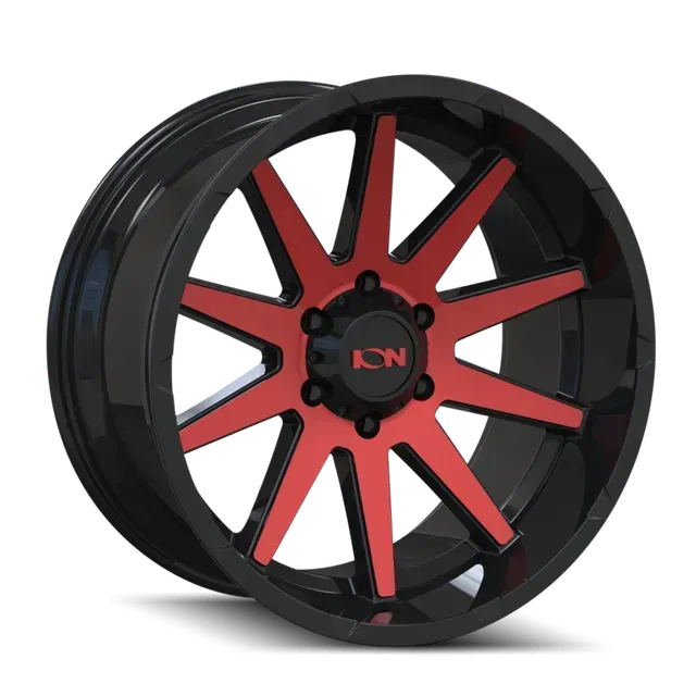 A black and red wheel with a lyn logo on the center
