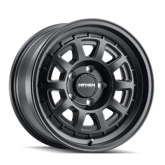 A close up of a black wheel on a white background.