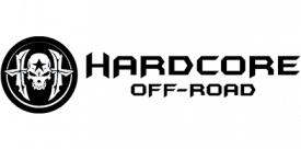 A black and white logo for hardcore off-road with a skull on it.