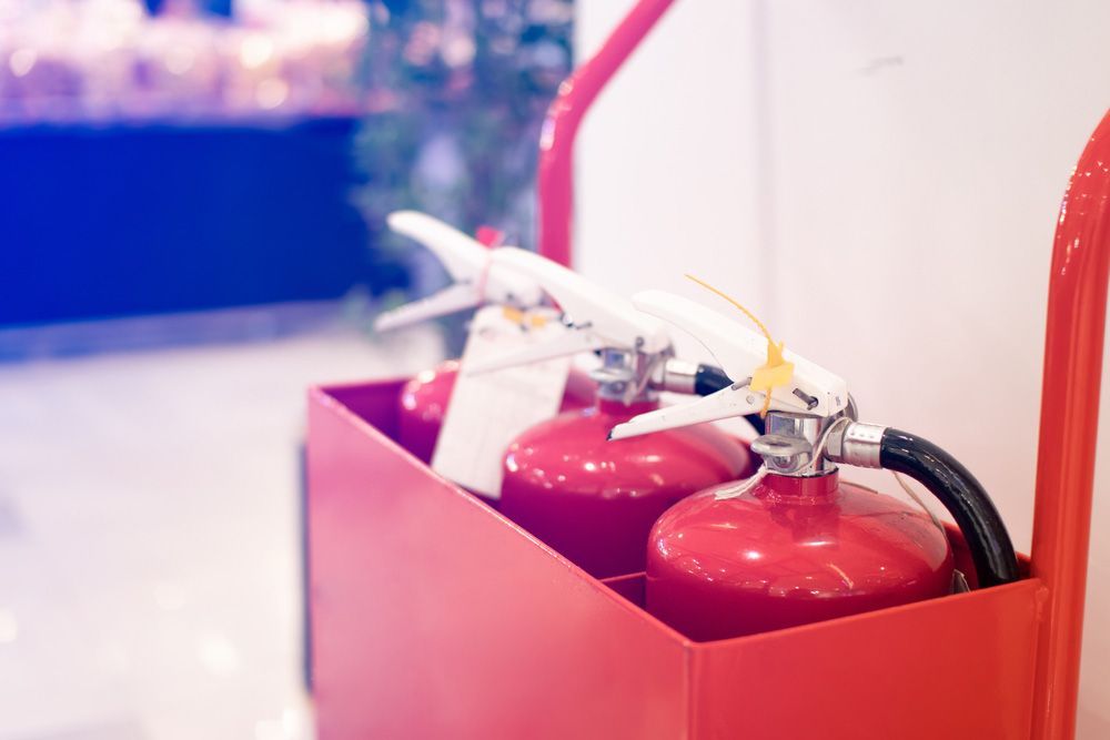 Three Red Fire Extinguishers in a Red Box for Fast Fire Protection - Port Stephans NSW