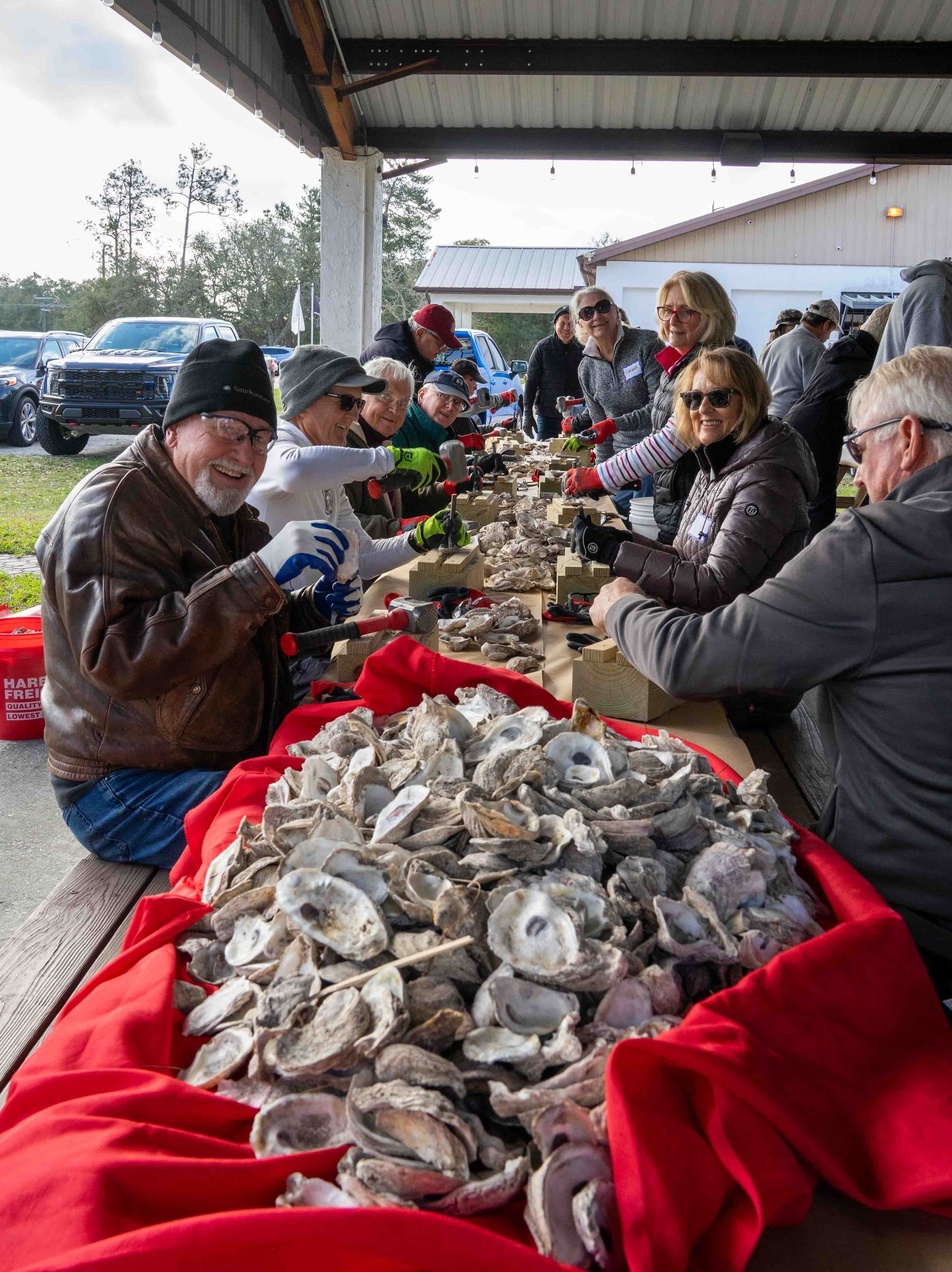 People sorting oyster shells at a covered outdoor market table with red cloth