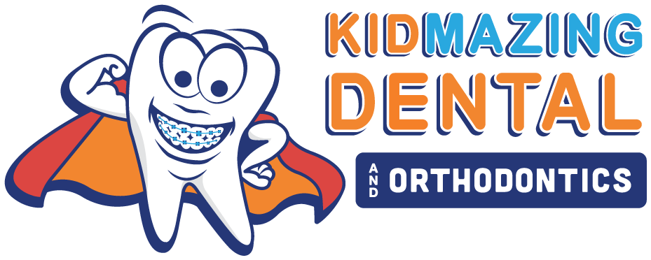 The logo for a Kidmazing Dental and Orthodontics with a tooth wearing braces and a cape.