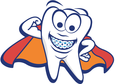 Smiling cartoon tooth with braces wearing a cape, superhero pose.
