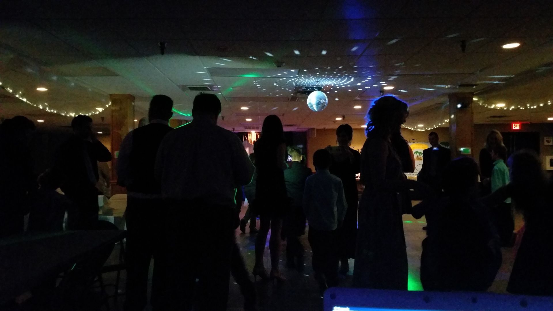People silhouetted in a dim room with colorful disco lights on the dance floor.