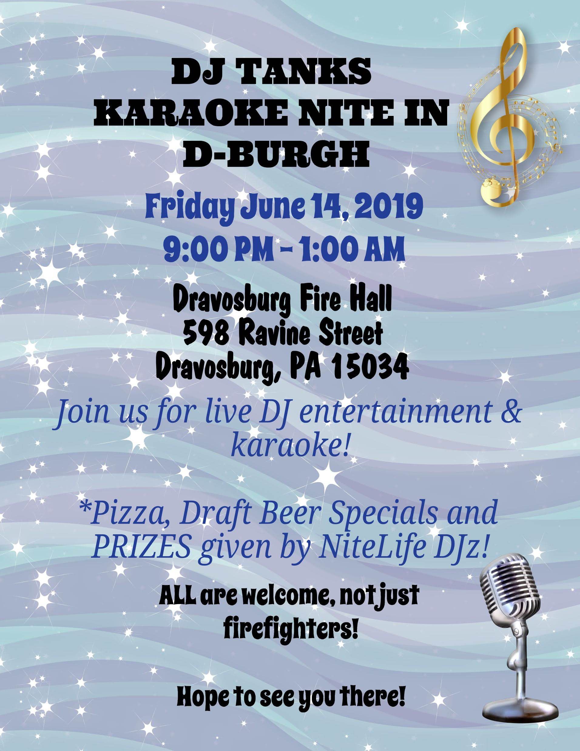 Flyer for DJ Tanks Karaoke Nite in D-Burg, Friday June 14, 2019, at Grubburger Five Mall, with prizes and pizza.