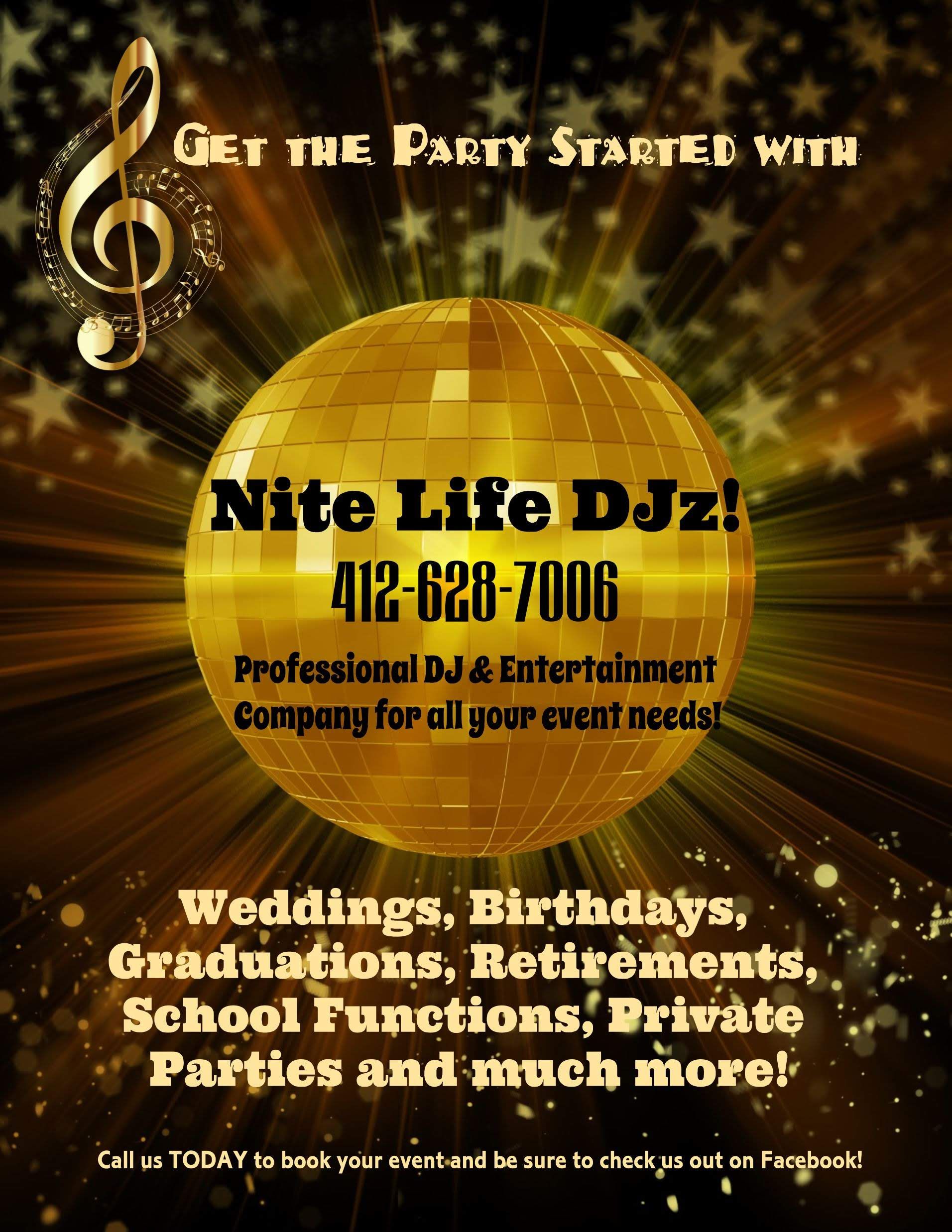 Gold disco flyer for Nite Life DJz with phone number and event services listed in white text