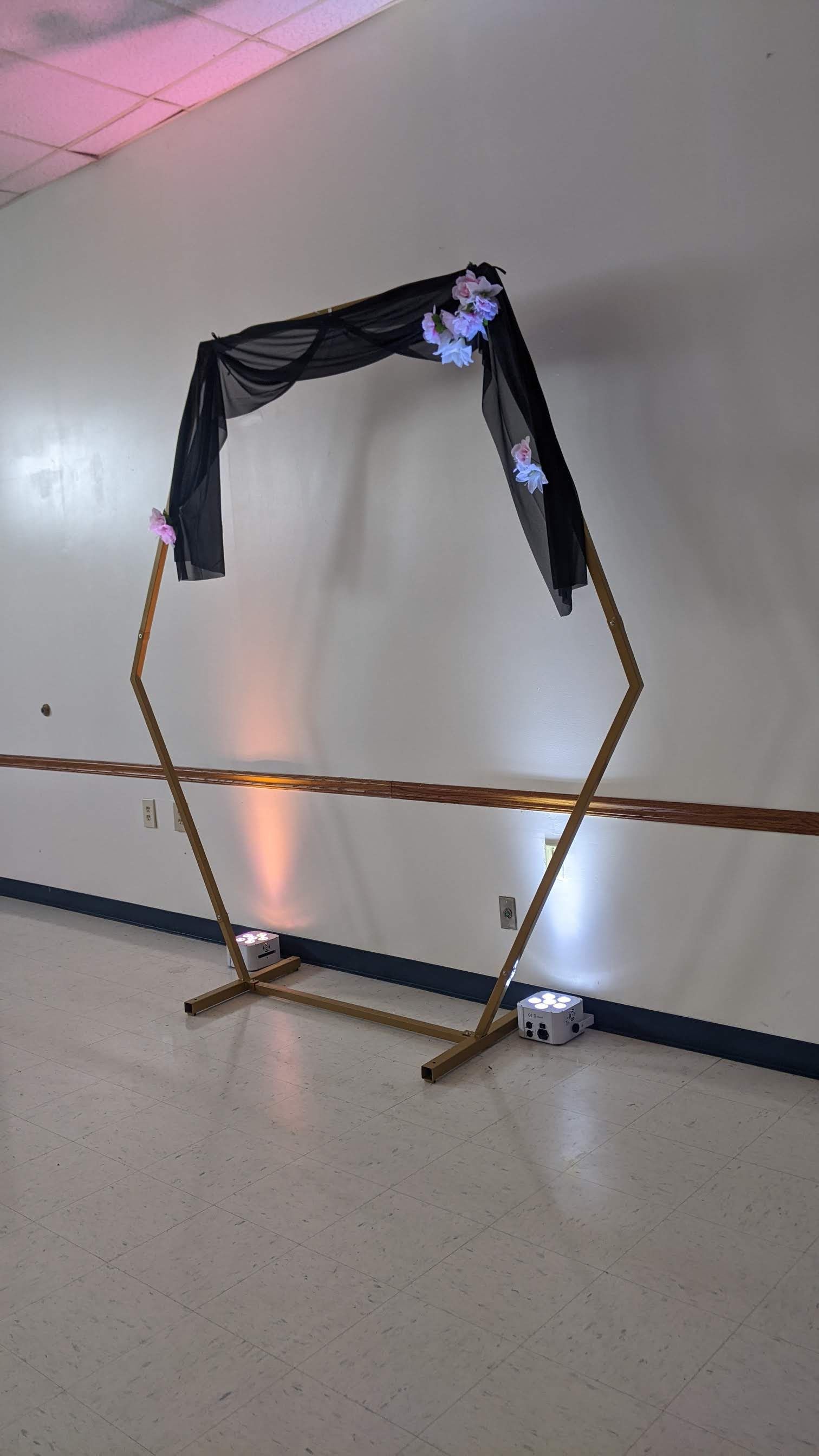 Abstract art installation with a black draped frame, gold supports, and a horizontal light in a gallery space