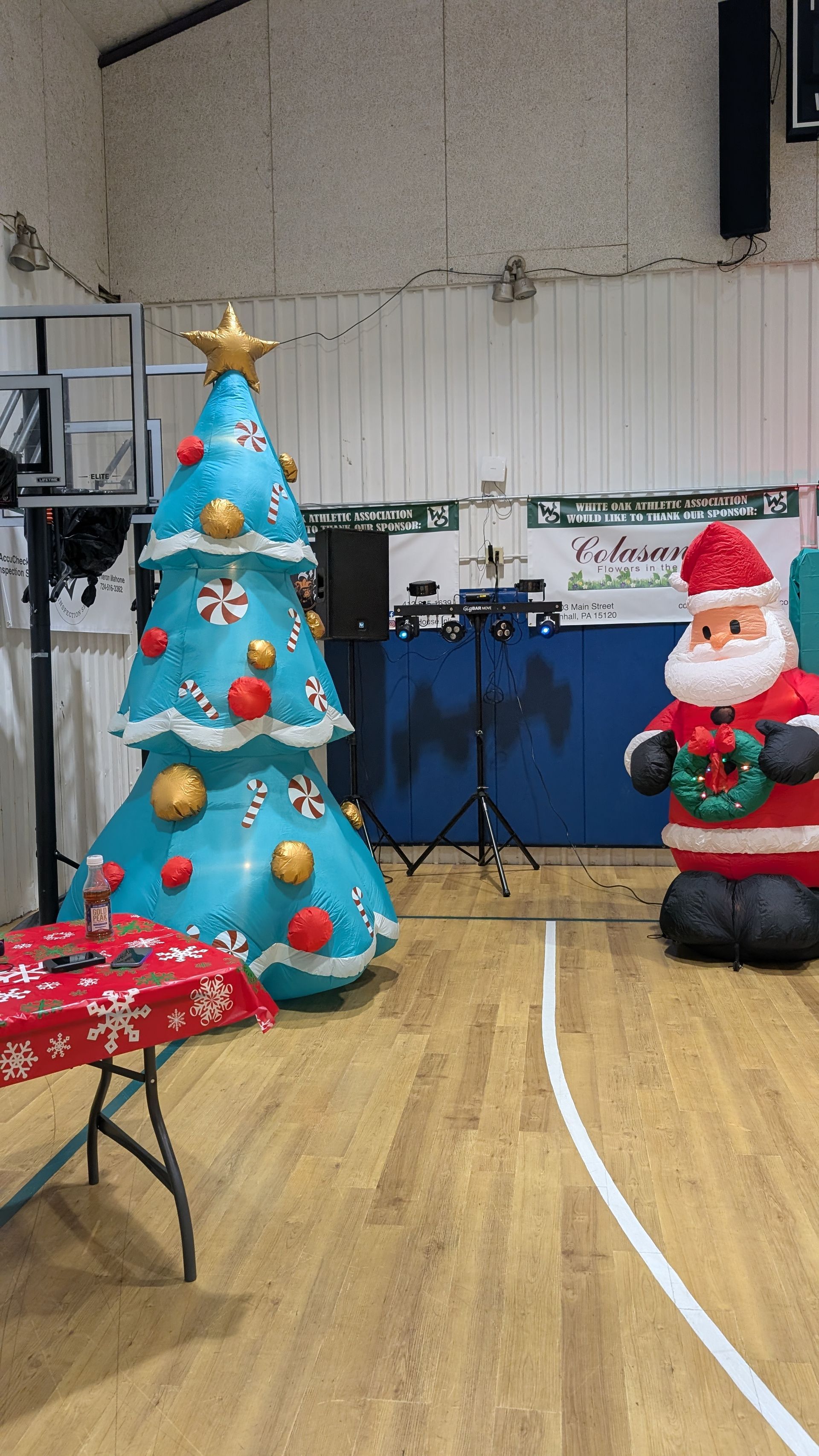Indoor gym decorated for Christmas with a blue tree and a Santa figure on the floor.