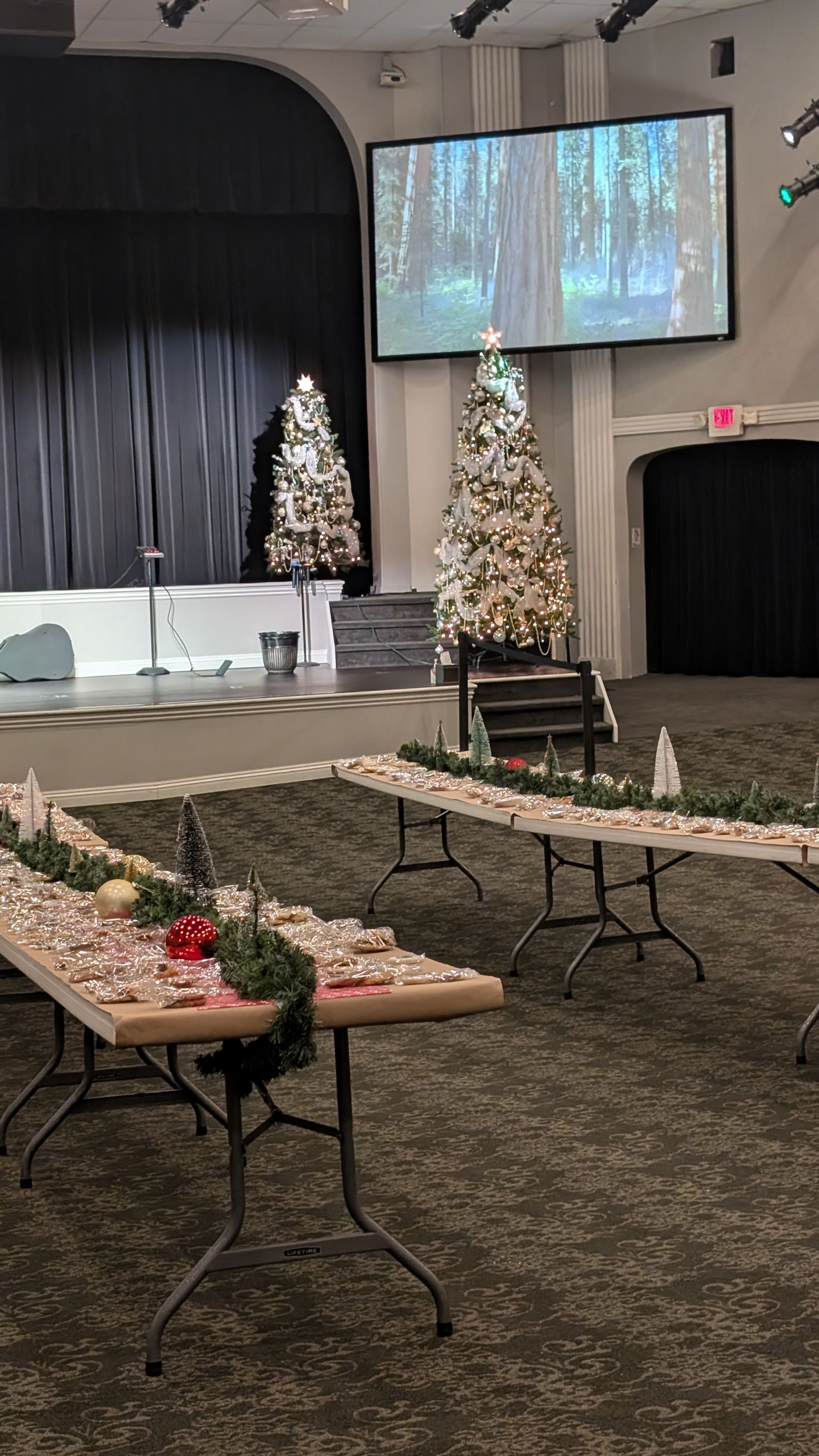 Decorated church stage with Christmas trees, rows of tables, and a projection screen in the background