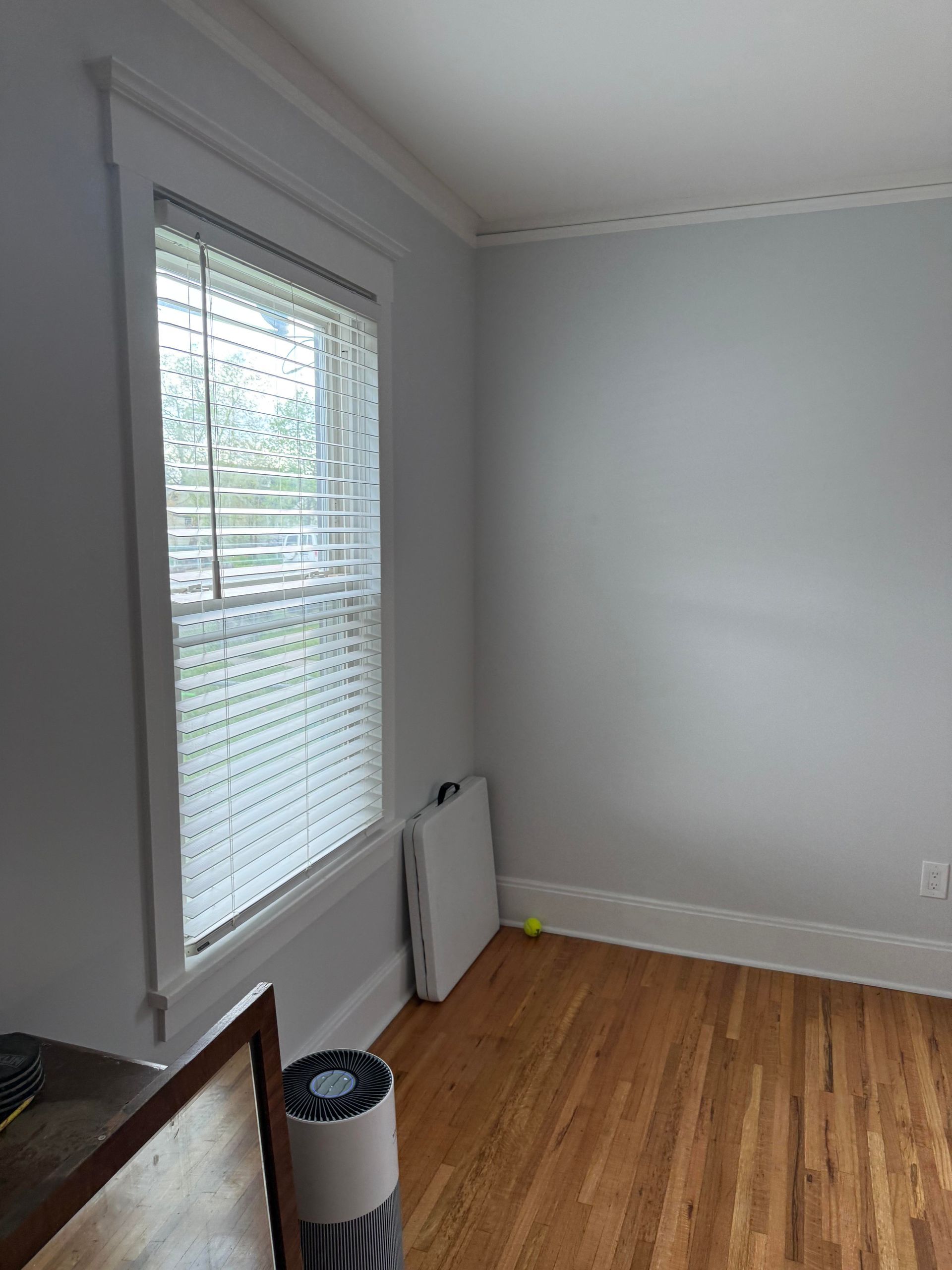 Empty room with gray walls, wood floor, and a window with blinds.