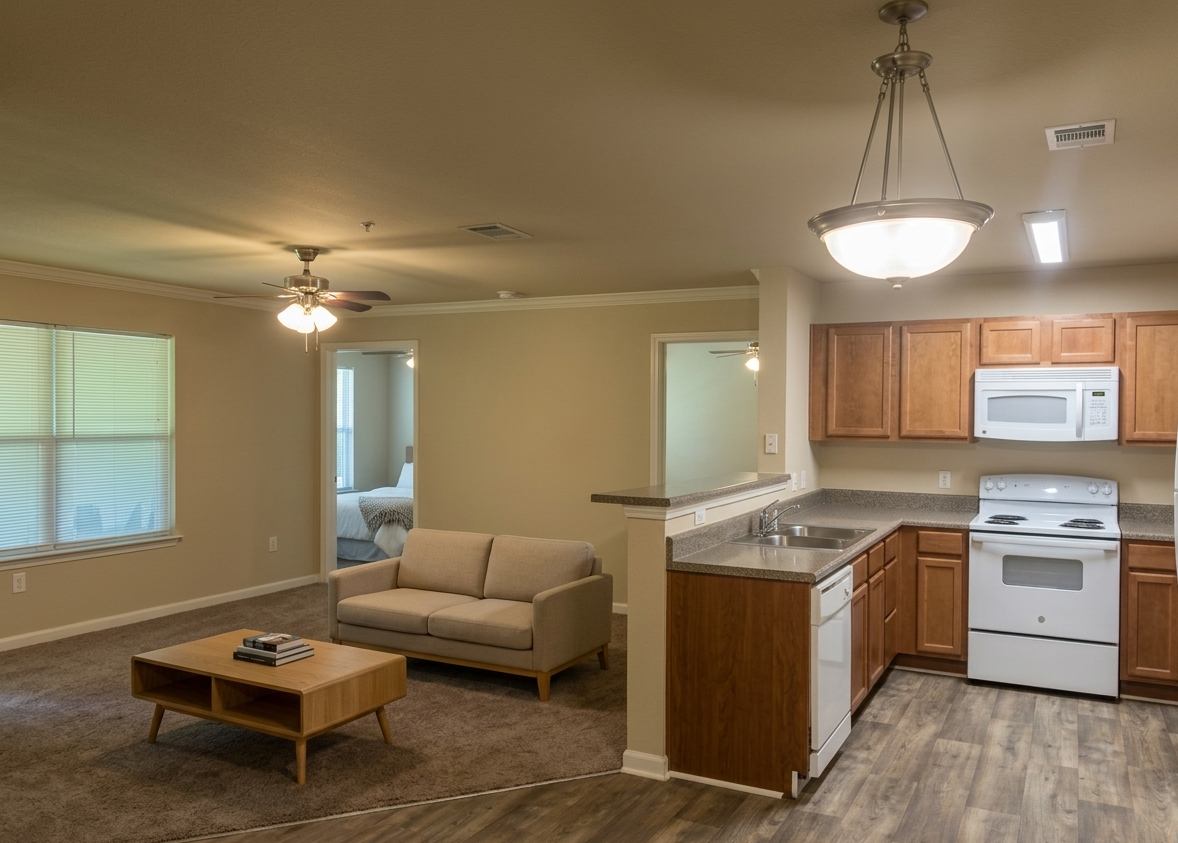 A kitchen with a stove , refrigerator , microwave and sink.