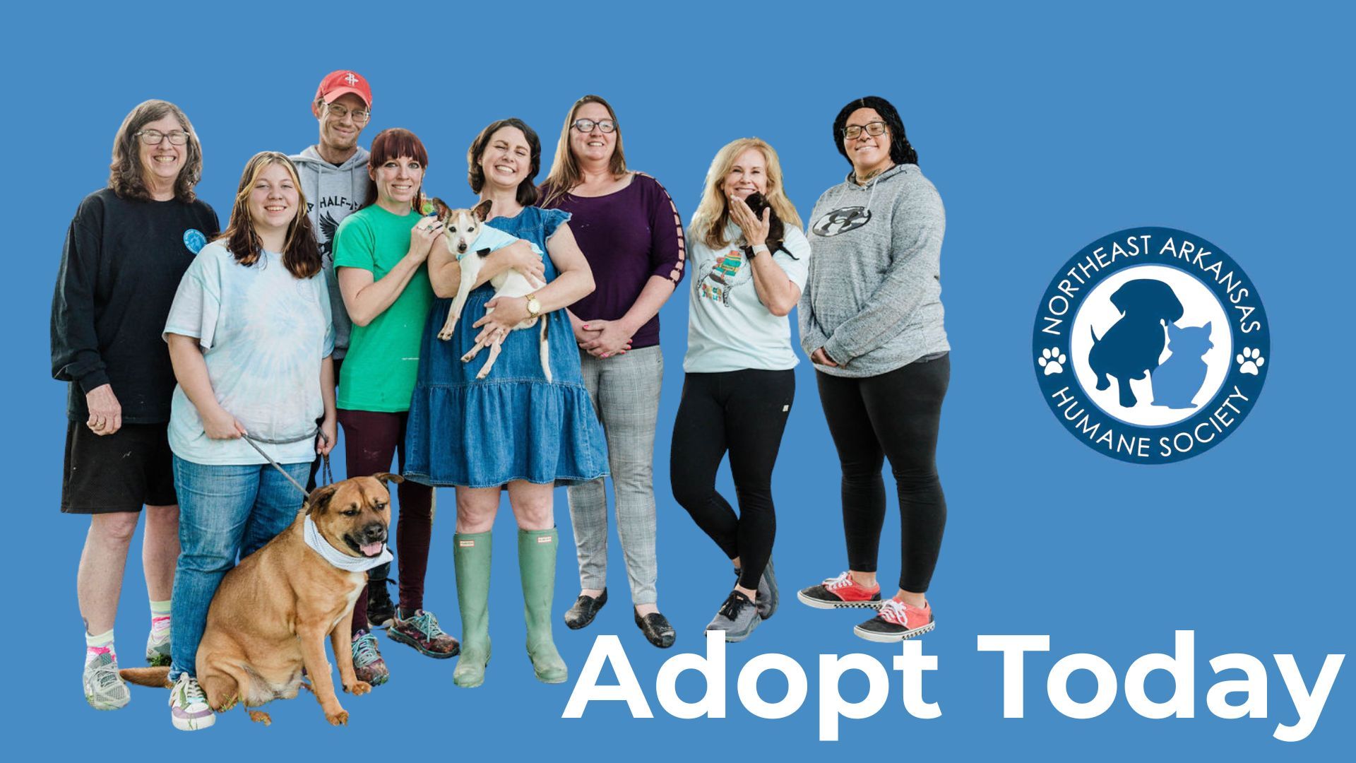 Group of people with dogs on a blue background beside an animal rescue logo and “Adopt Today” text