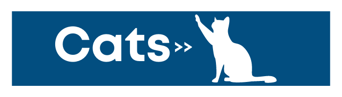 White cat silhouette on a blue sign labeled “Cats” with double angle marks.