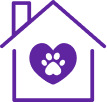 Purple outline of a house with a heart and paw print inside