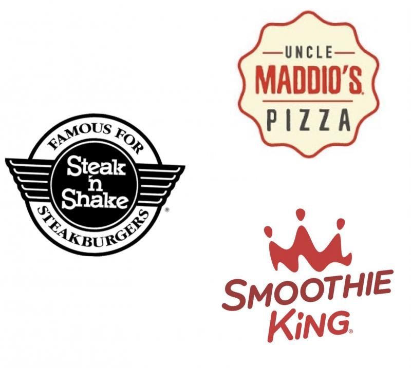 Logos for Steak 'n Shake, Uncle Maddio's Pizza, and Smoothie King on a white background