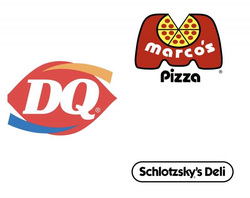 DQ, Marco’s Pizza, and Schlotzsky’s Deli logos on a white background