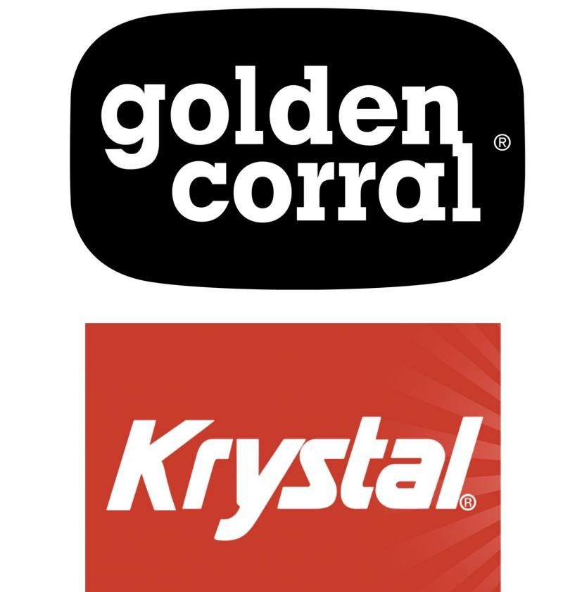 Golden Corral and Krystal restaurant logos on black and red backgrounds