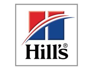 Hill's logo with red and blue blocks and a curved white-and-blue swoosh over black text