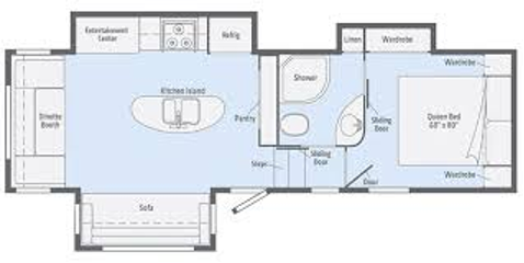 Floor plan of a recreational vehicle with a kitchen, living area, bedroom, and bathroom.