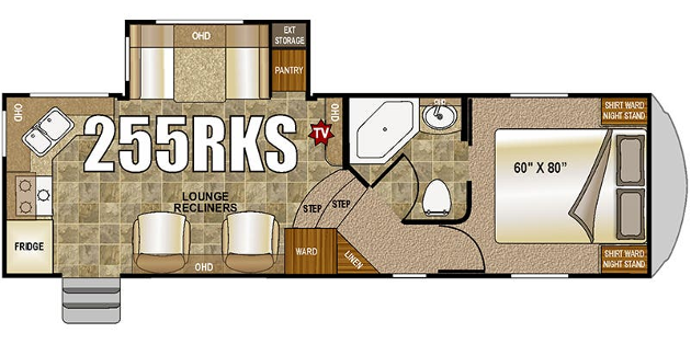 Floorplan of a recreational vehicle. Interior layout showing the kitchen, living area, bedroom, and bathroom.